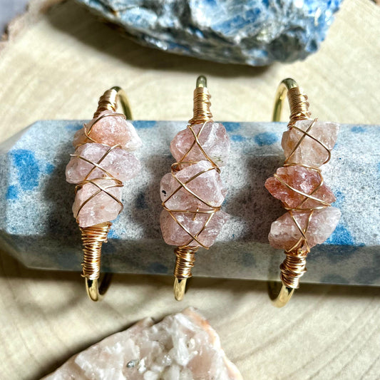 STRAWBERRY QUARTZ cuff bracelet raw stone wire wrapped crystal healing natural stone heart chakra