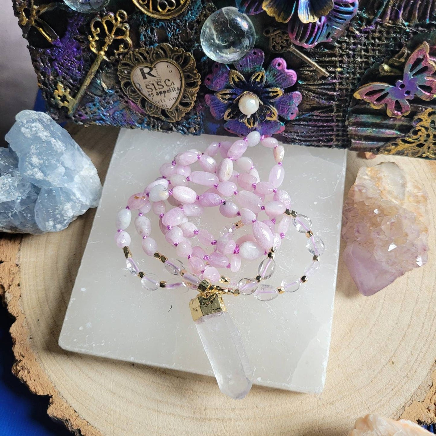Kunzite necklace knotted with clear quartz point pendant crystal healing natural stone jewellery gift for her