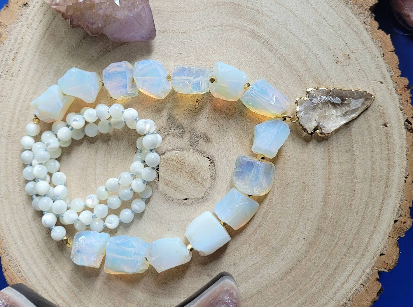 Opalite and pearl necklace with clear quartz arrow head pendant crystal healing witchy jewellery gift for her jewelry for women