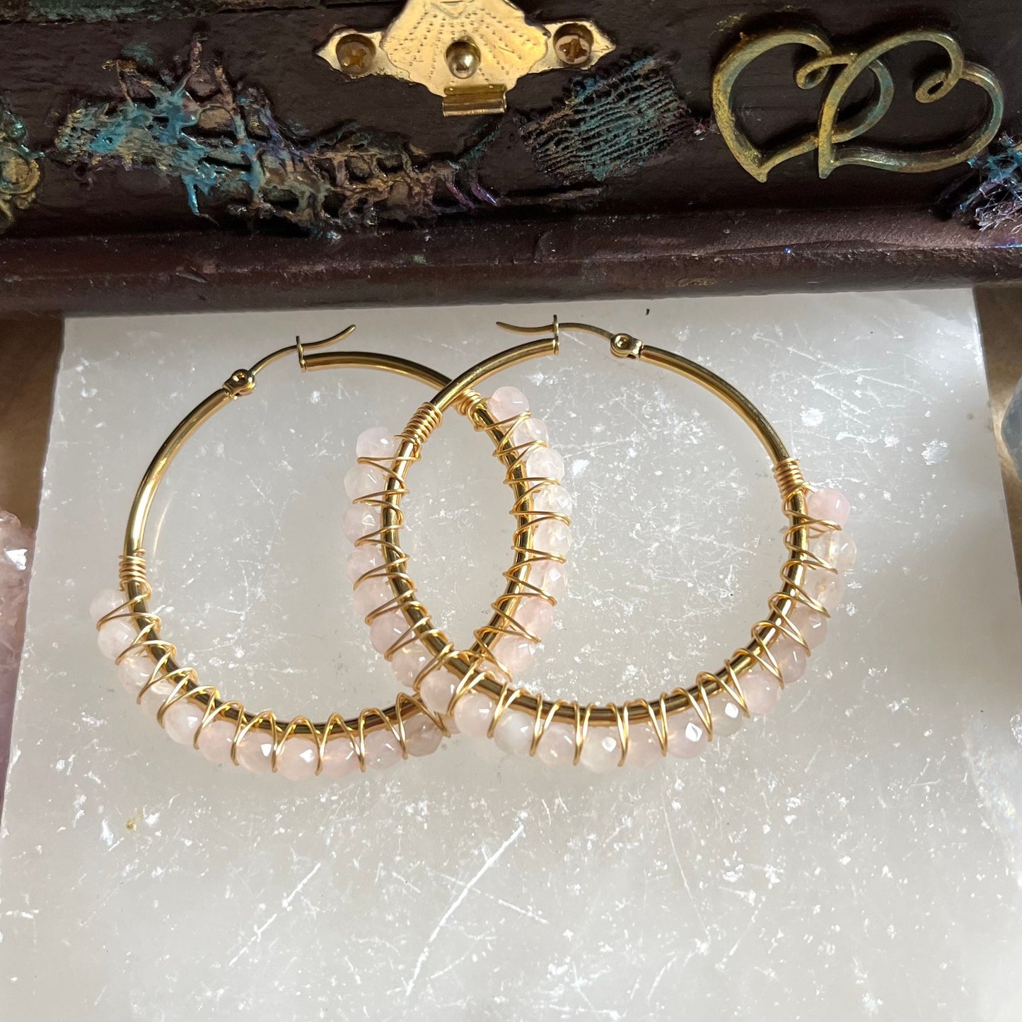 Rose Quartz Hoop Earrings crystal healing natural stone - Self Love, Attract Love, Inner Peace, Purity, Gift, Crystal gift for her witchy