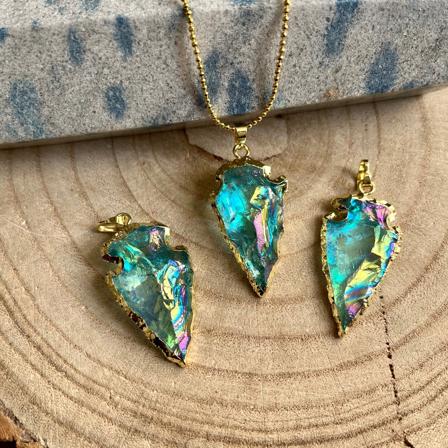 Aqua Aura Quartz Arrow Necklace Pendant Crystal Healing Raw Stone Witchy Jewellery for women or men gift for him or her