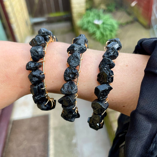 Raw Black Tourmaline bracelet cuff bangle natural stone crystal healing  - Protection, Grounding, Stability, Psychic Attack