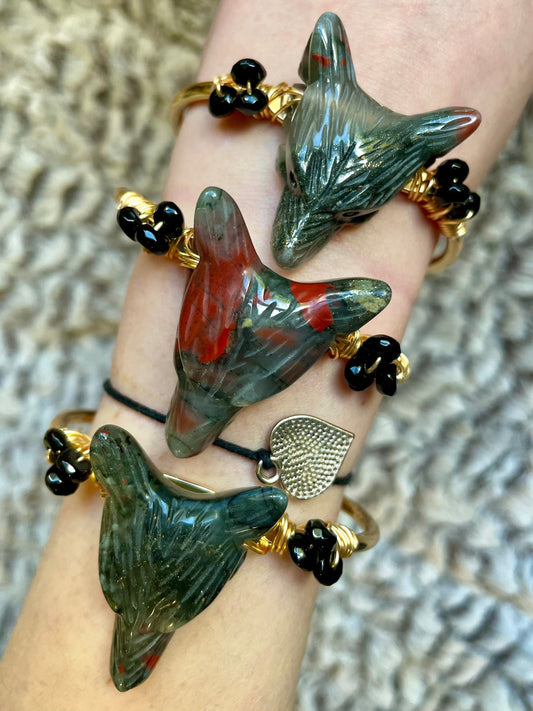 bloodstone wolf bracelet cuff bangle crystal healing natural carved stone heliotrope witchy gift for him or her jewellery for women