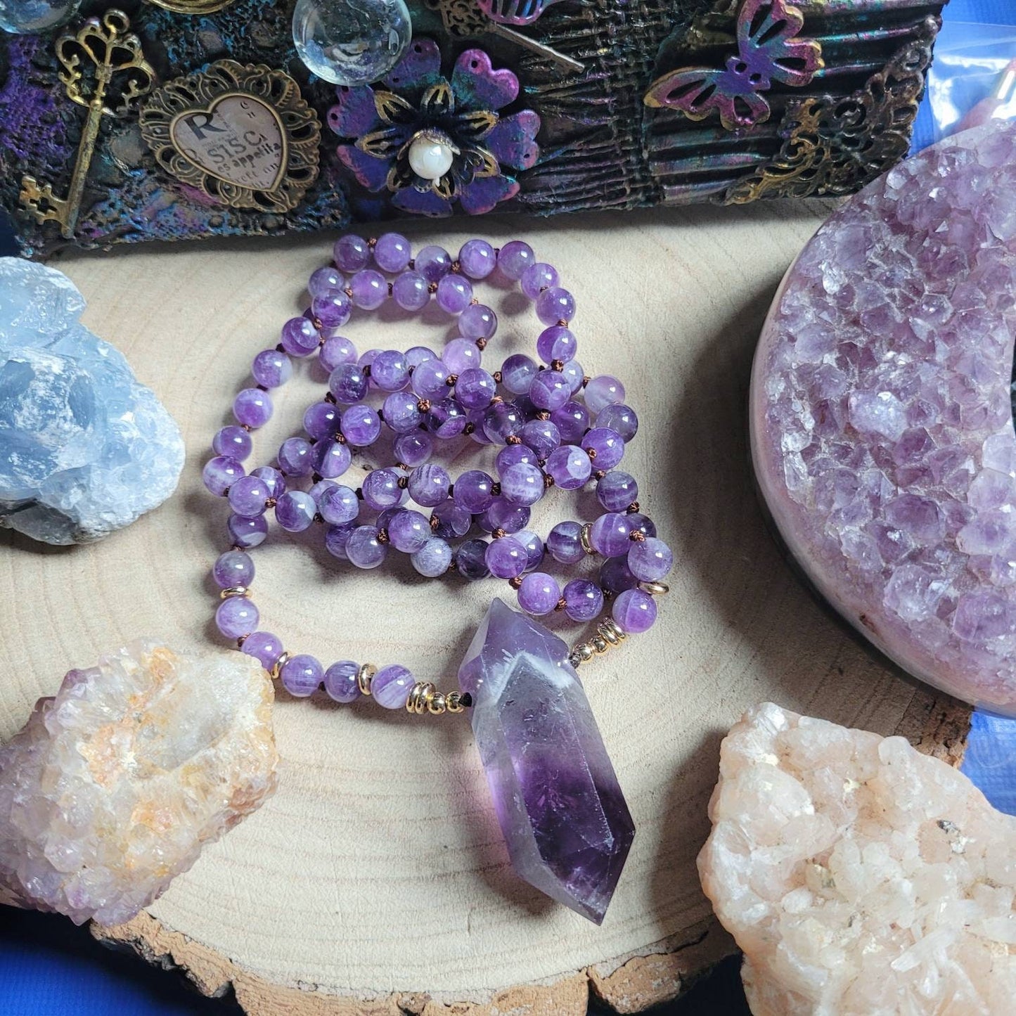 Dream Amethyst necklace knotted with double terminated point natural stone crystal healing Meditation jewellery gift for her or him witchy