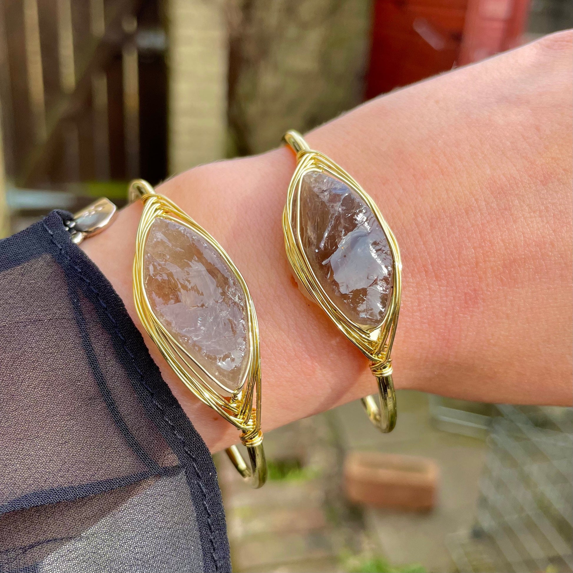 Smoky Quartz bracelet cuff bangle raw stone crystal healing gold