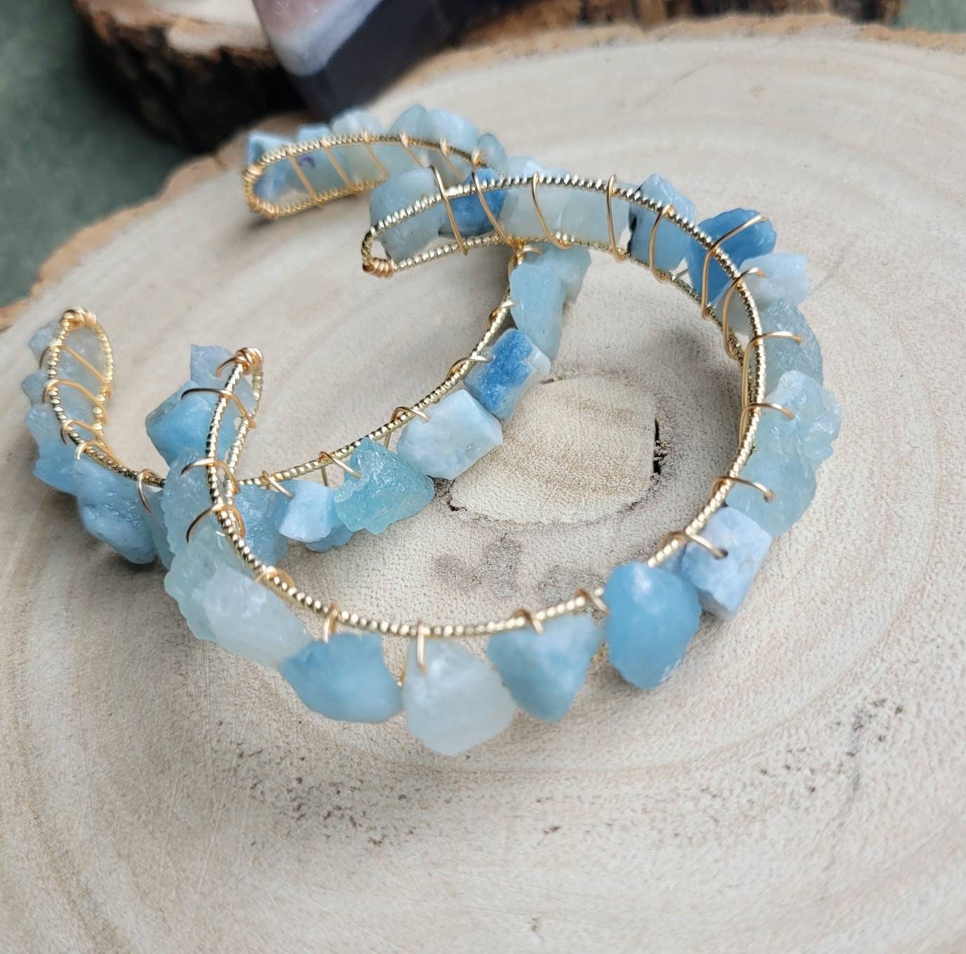 Aquamarine bracelet bangle raw stone crystal healing natural stone gift for her witchy jewellery for women gemstone jewelry