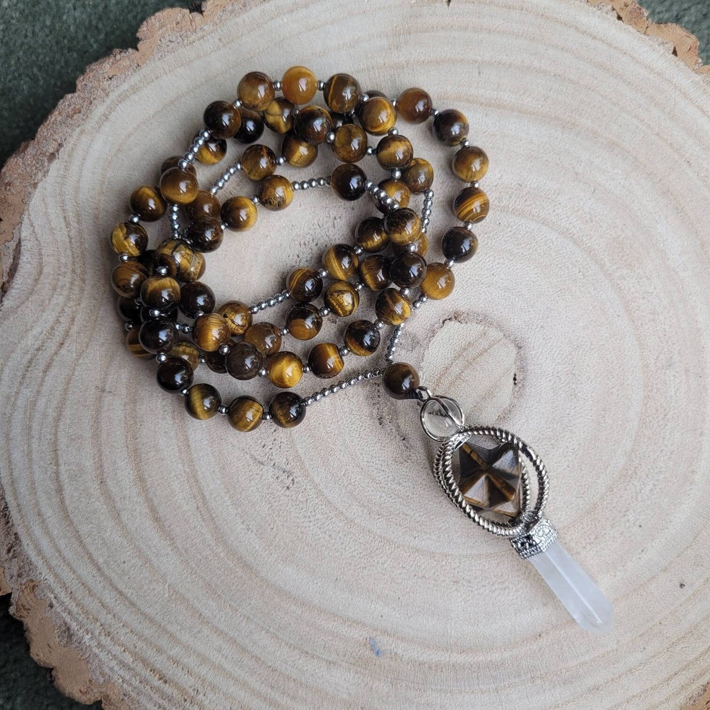 Tigers Eye necklace merkaba star and clear quartz point pendant crystal healing eitchy jewellery for women or men gift for him or her