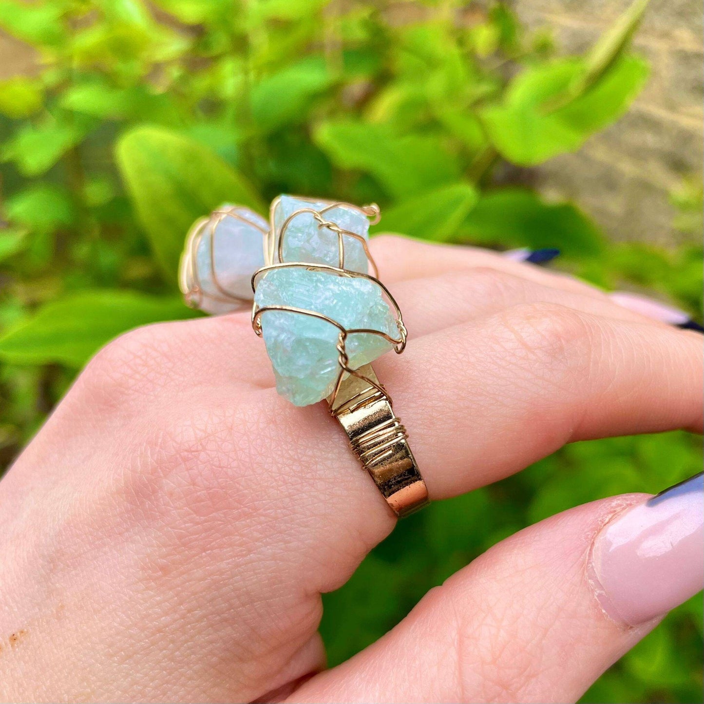 fluorite ring wire wrapped raw stone adjustable crystal healing natural stone witchy jewelry