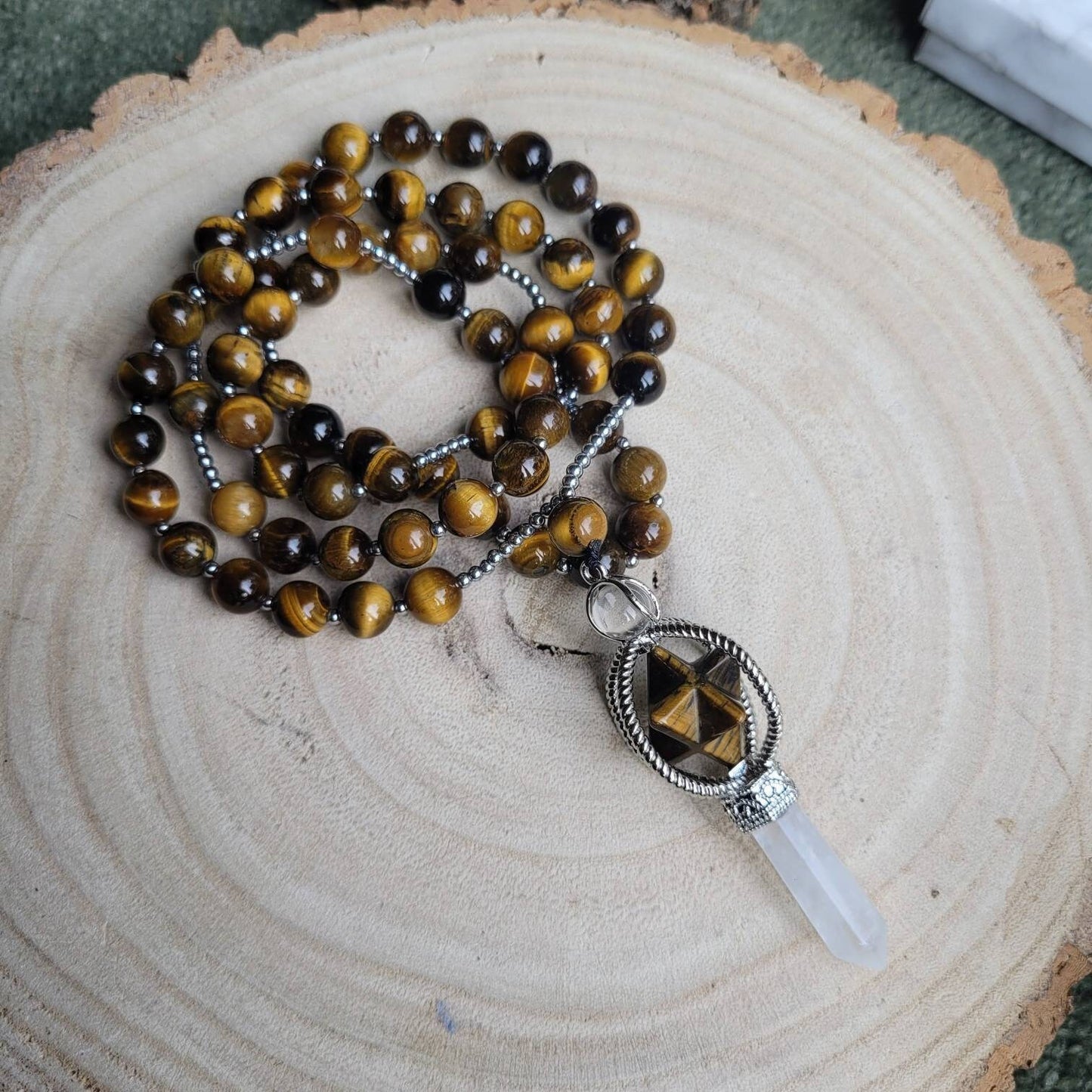 Tigers Eye necklace merkaba star and clear quartz point pendant crystal healing eitchy jewellery for women or men gift for him or her