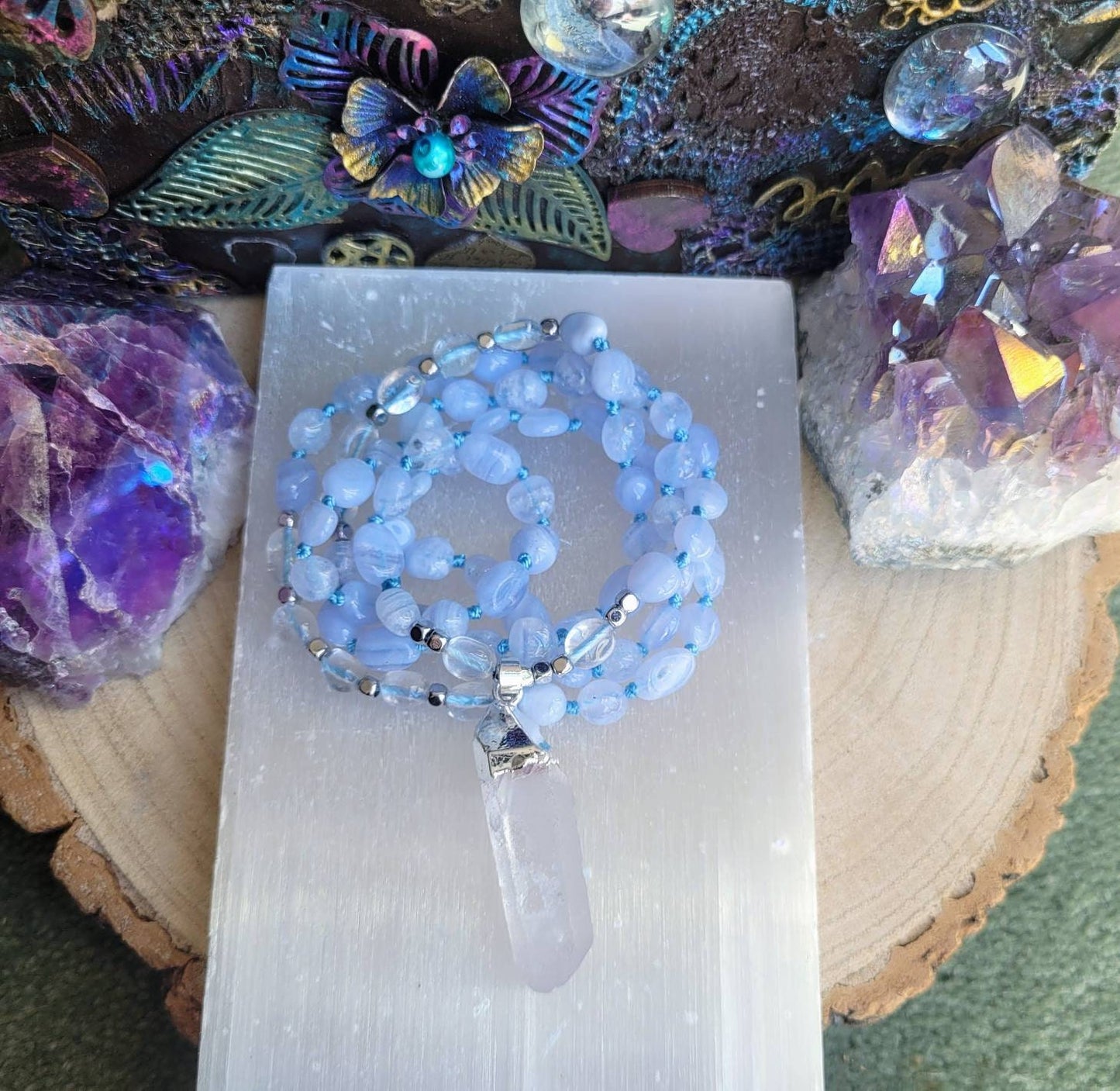 Blue lace agate and clear quartz necklace with raw stone point pendant knotted crystal healing jewellery gift for him or her throat chakra