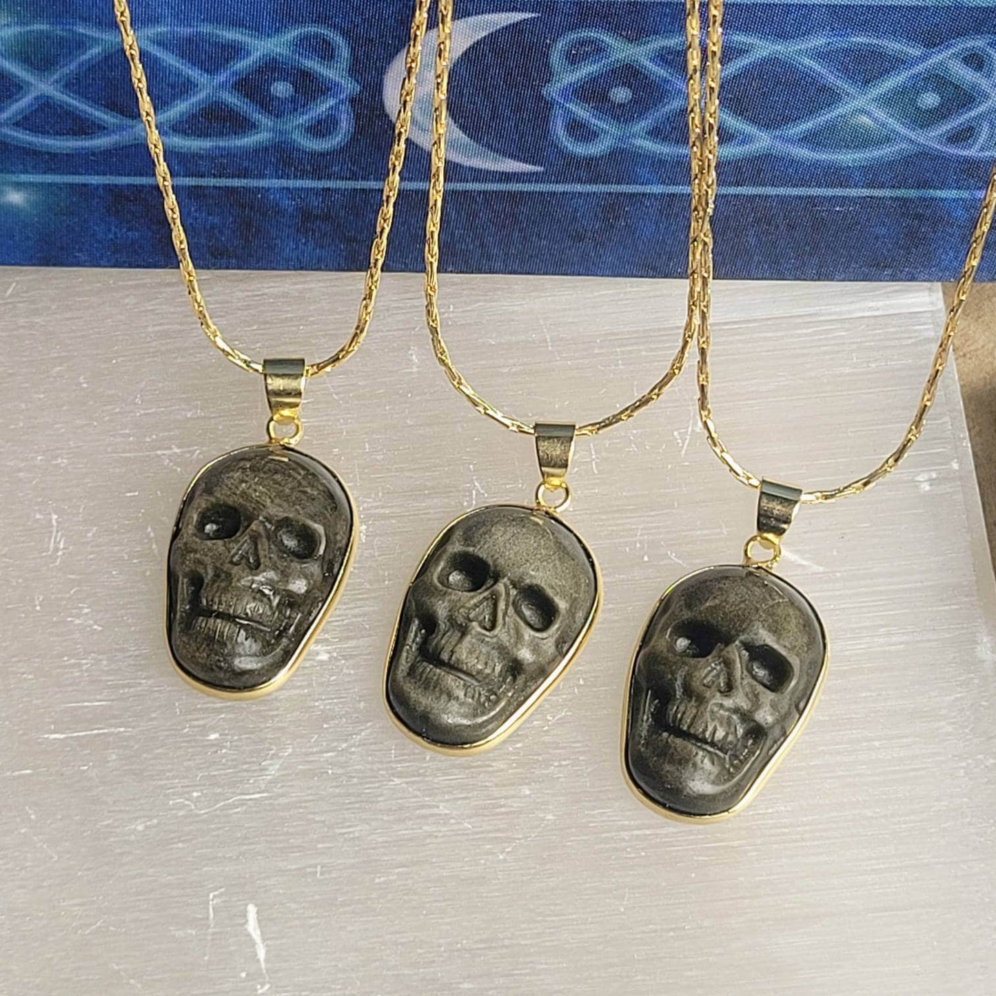 Golden sheen obsidian skull necklace crystal healing natural stone jewellery gothic gift for him or her