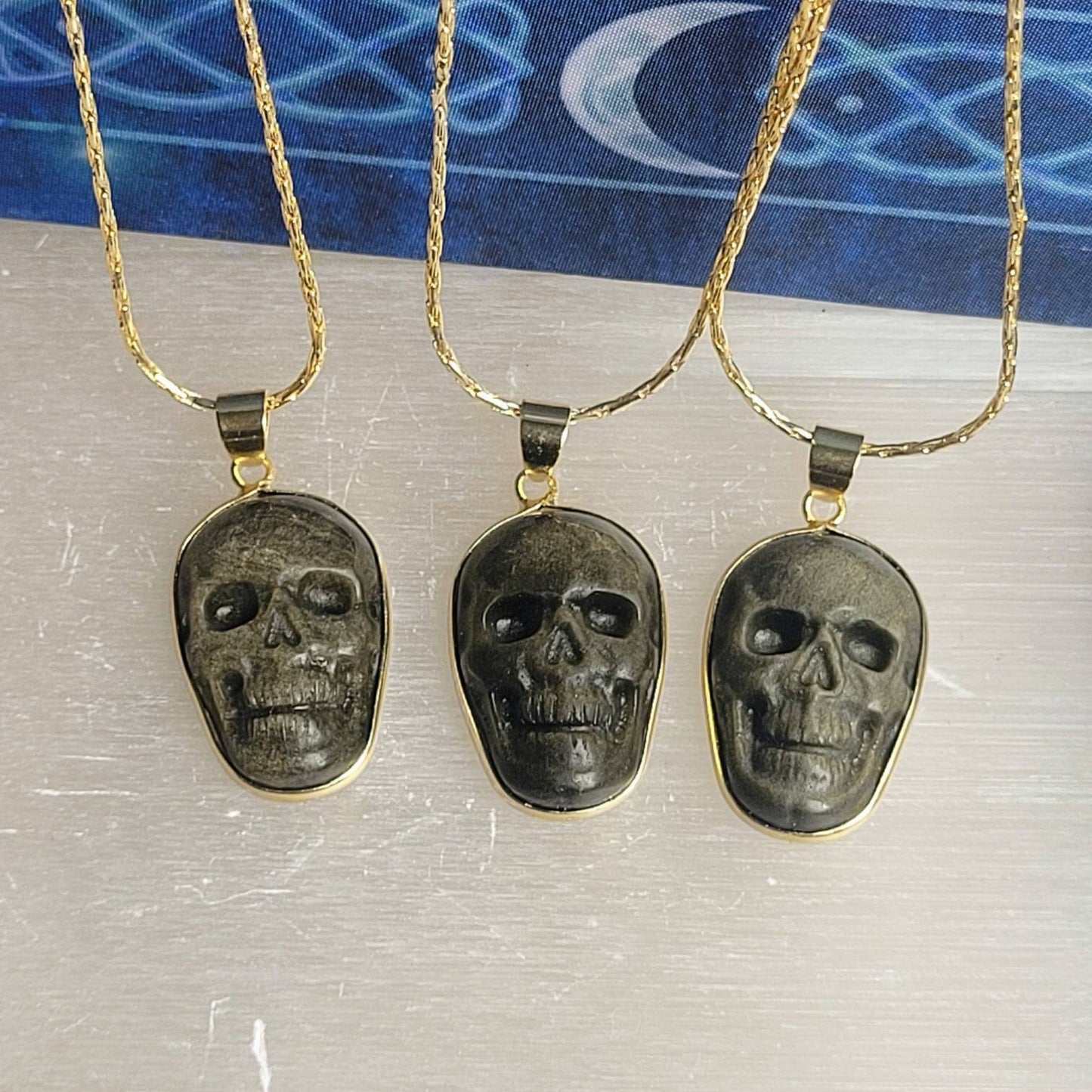 Golden sheen obsidian skull necklace crystal healing natural stone jewellery gothic gift for him or her
