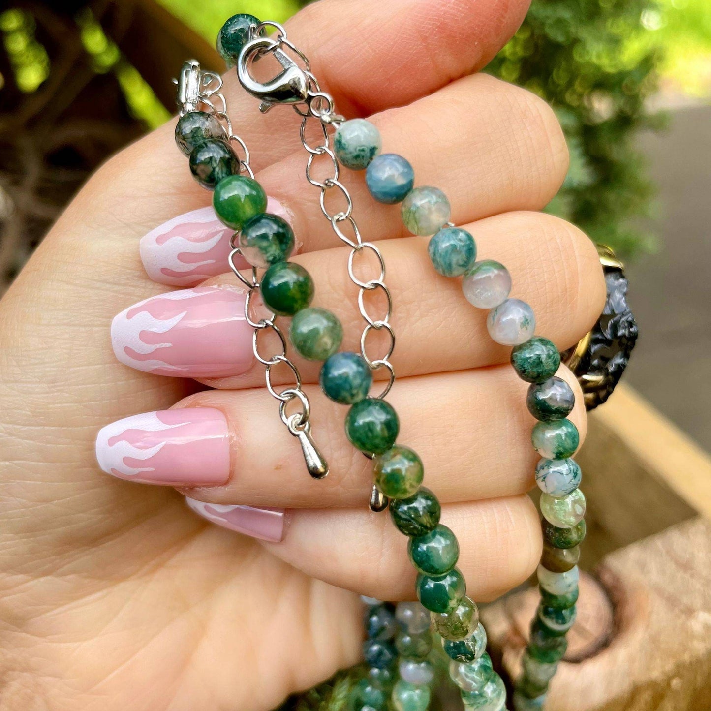 Green moss agate choker necklace minimalist crystal healing natural stone