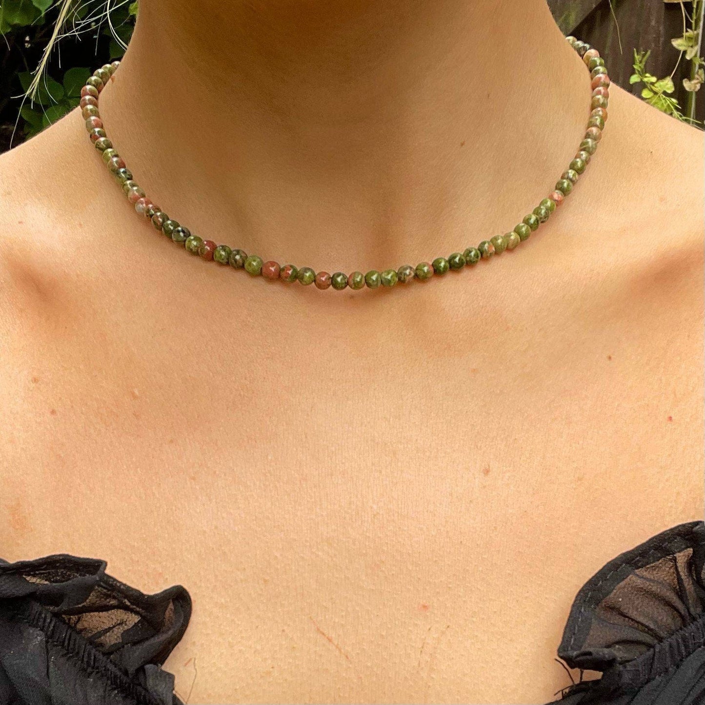 Unakite choker necklace minimalist crystal healing natural stone