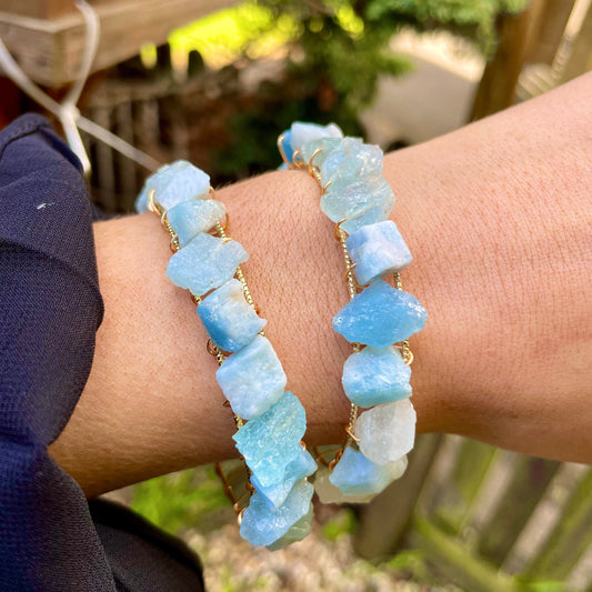 Aquamarine bracelet bangle raw stone crystal healing natural stone gift for her witchy jewellery for women gemstone jewelry