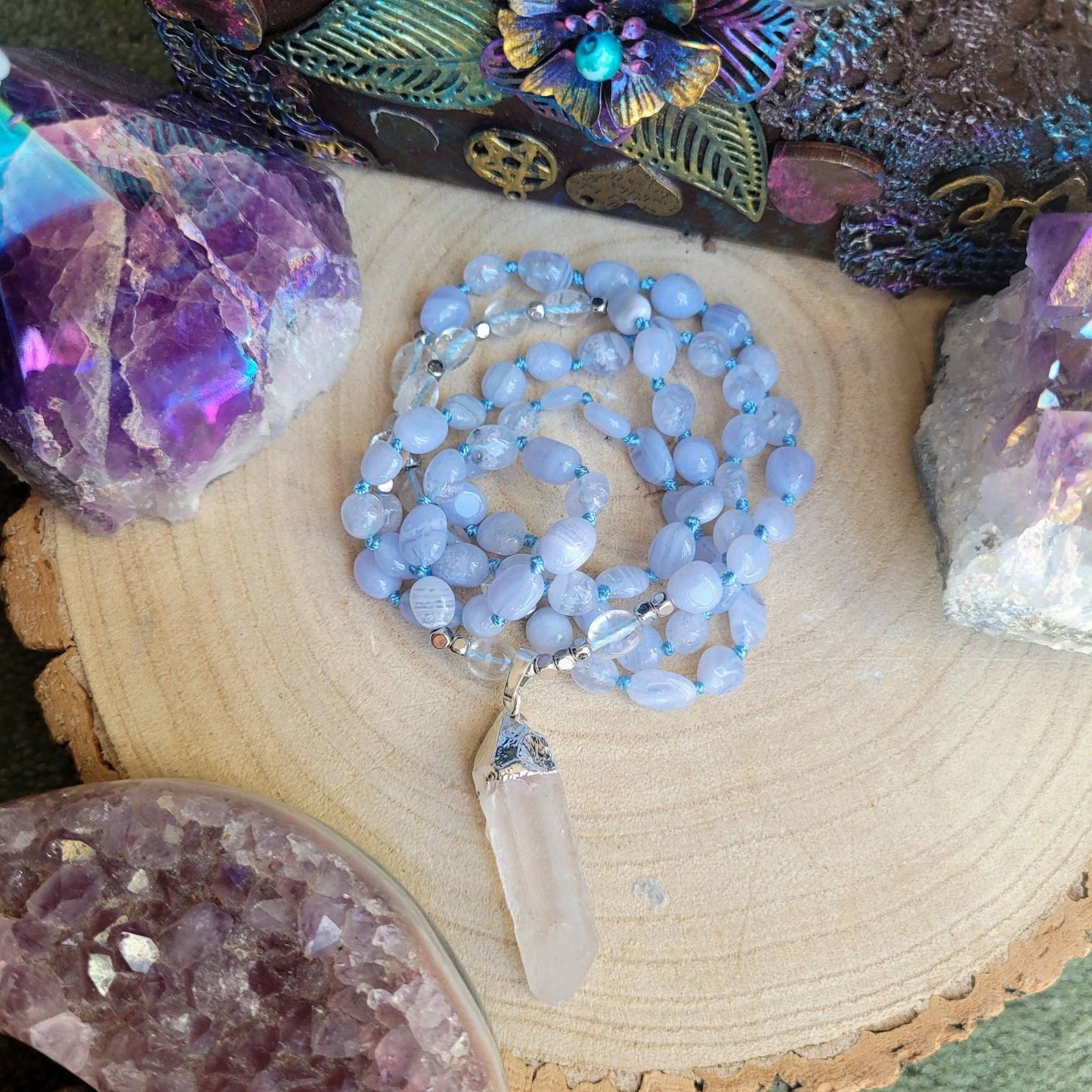 Blue lace agate and clear quartz necklace with raw stone point pendant knotted crystal healing jewellery gift for him or her throat chakra