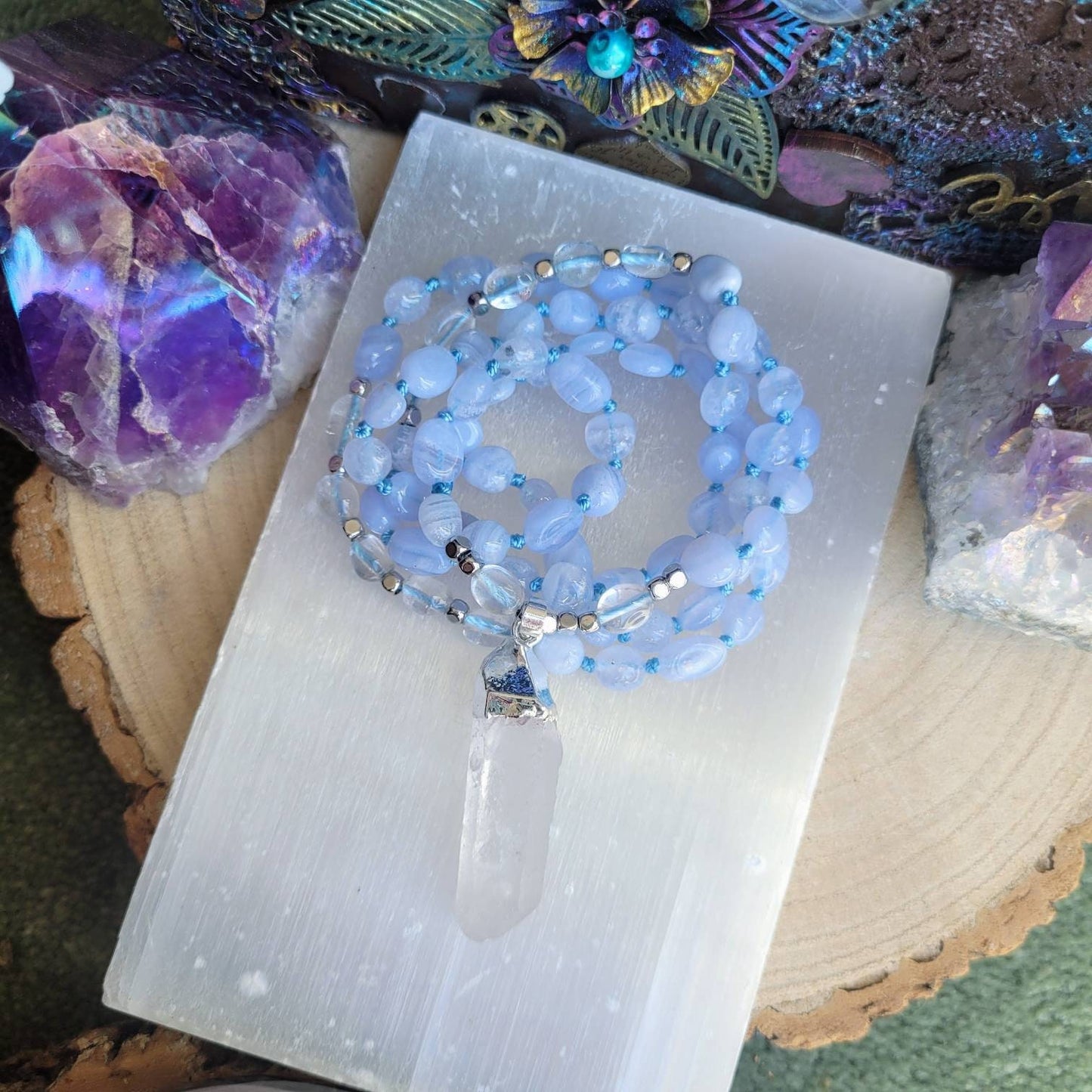 Blue lace agate and clear quartz necklace with raw stone point pendant knotted crystal healing jewellery gift for him or her throat chakra