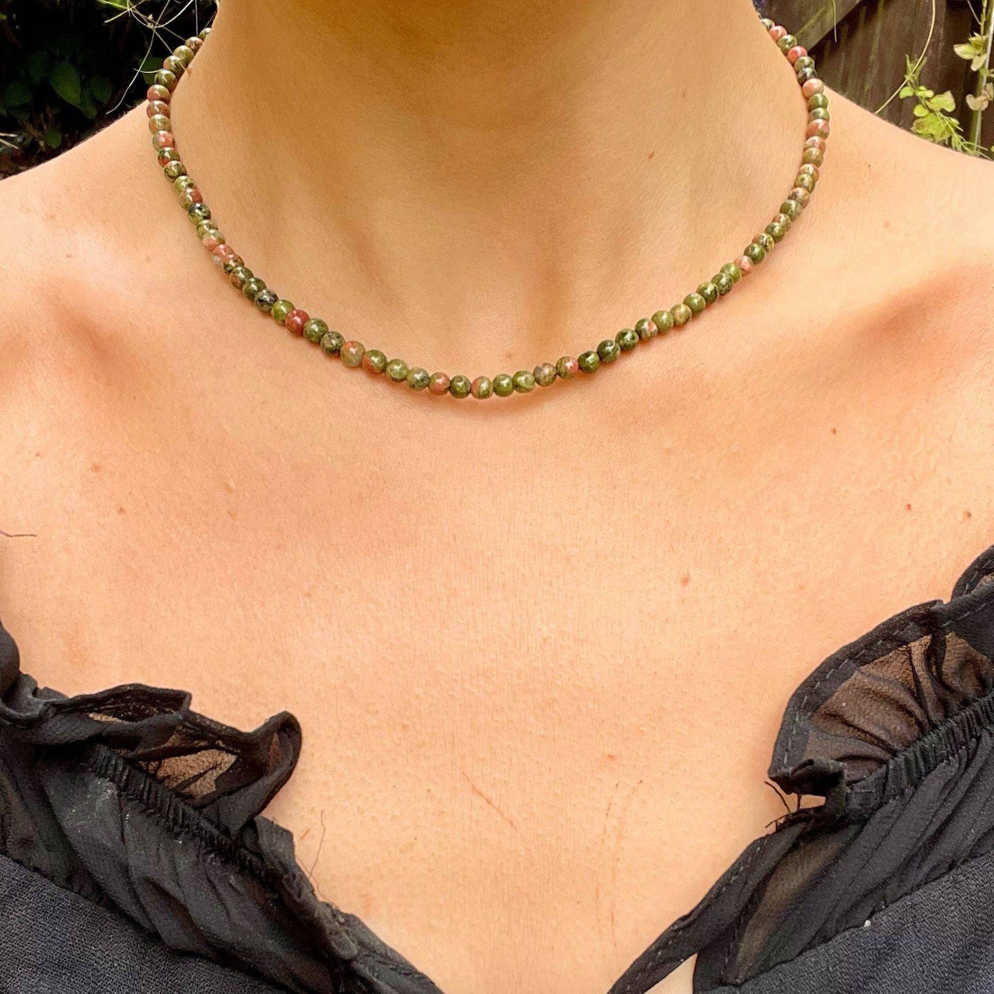 Unakite choker necklace minimalist crystal healing natural stone