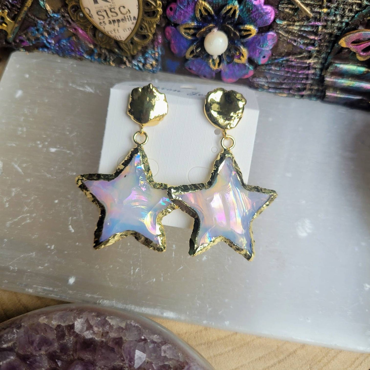 Opalite with aura star celestial earrings crystal healing witchy jewellery gift for her jewelry fir women