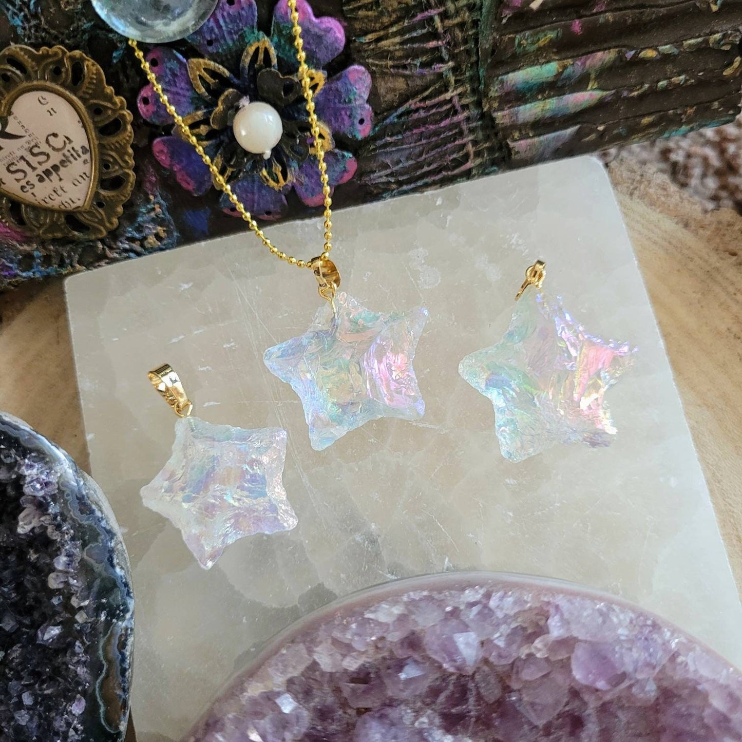 Angel Aura Quartz pendant necklace star crystal healing natural stone- Master Healer, Amplifier, Creativity, Attunement, Romance