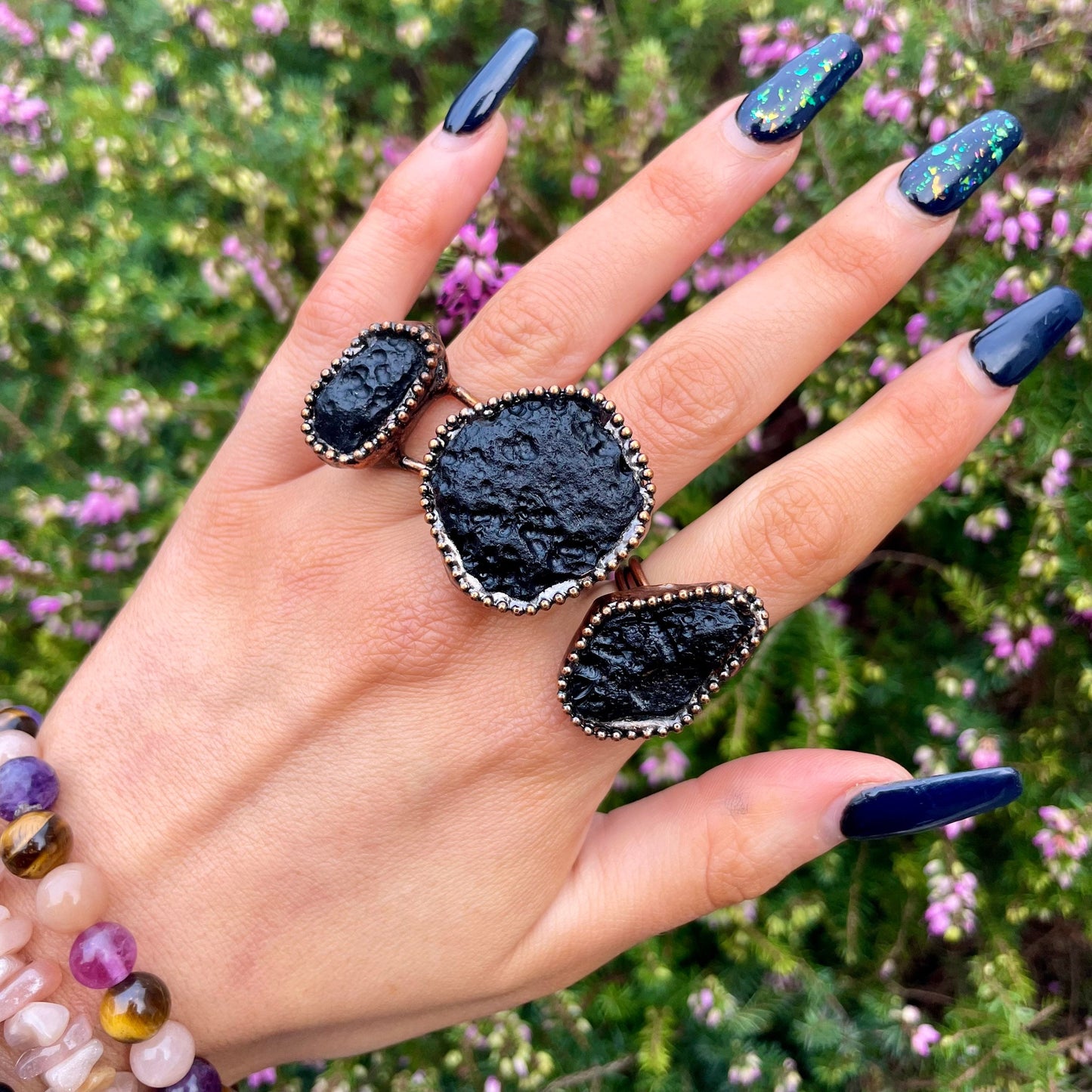 Tektite Statement ring adjustable size crystal healing natural stone antique style