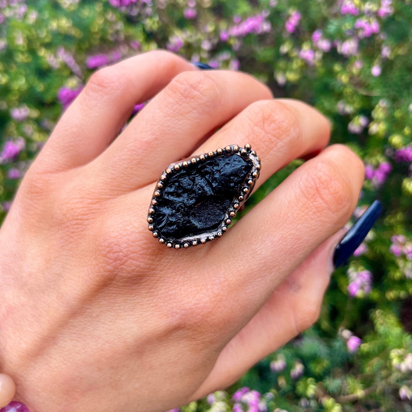 Tektite Statement ring adjustable size crystal healing natural stone antique style