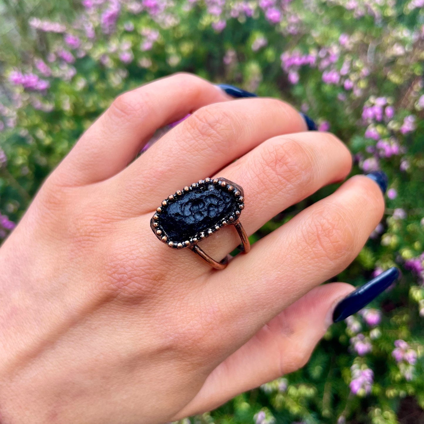 Tektite Statement ring adjustable size crystal healing natural stone antique style