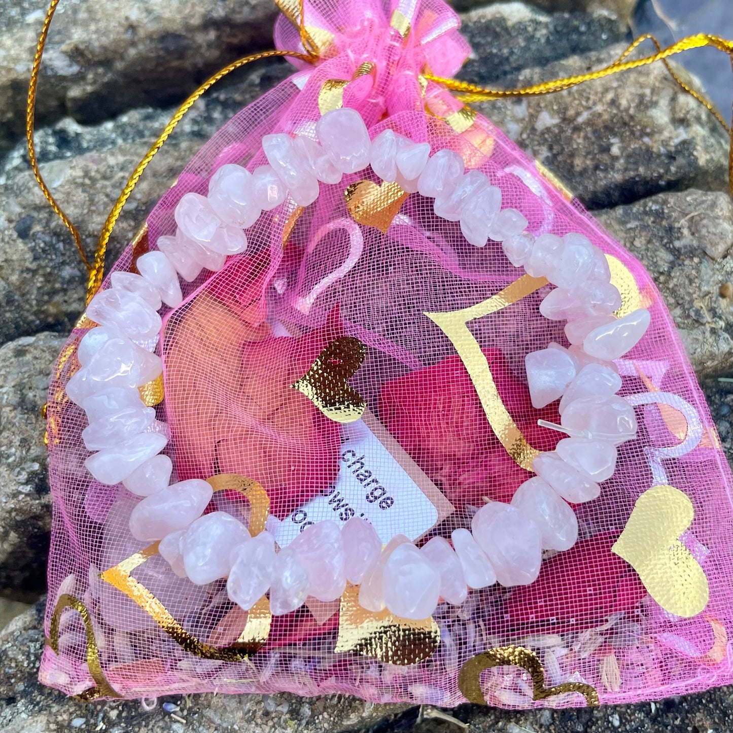 Attract Love and Self Love Spell Bag with Rose Quartz, Amethyst, Rose Petals, Lavender and a Rose Quartz Chip Bracelet
