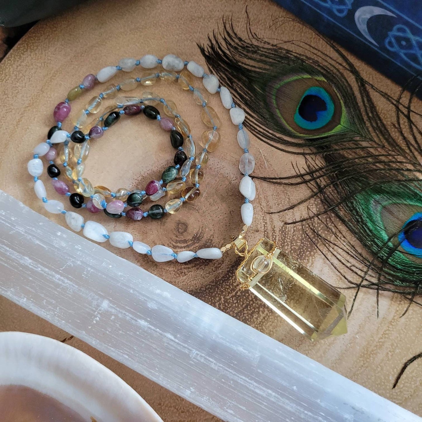 Moonstone citrine and mixed tourmaline mala necklace with citrine point pendant crystal healing natural stone jewellery
