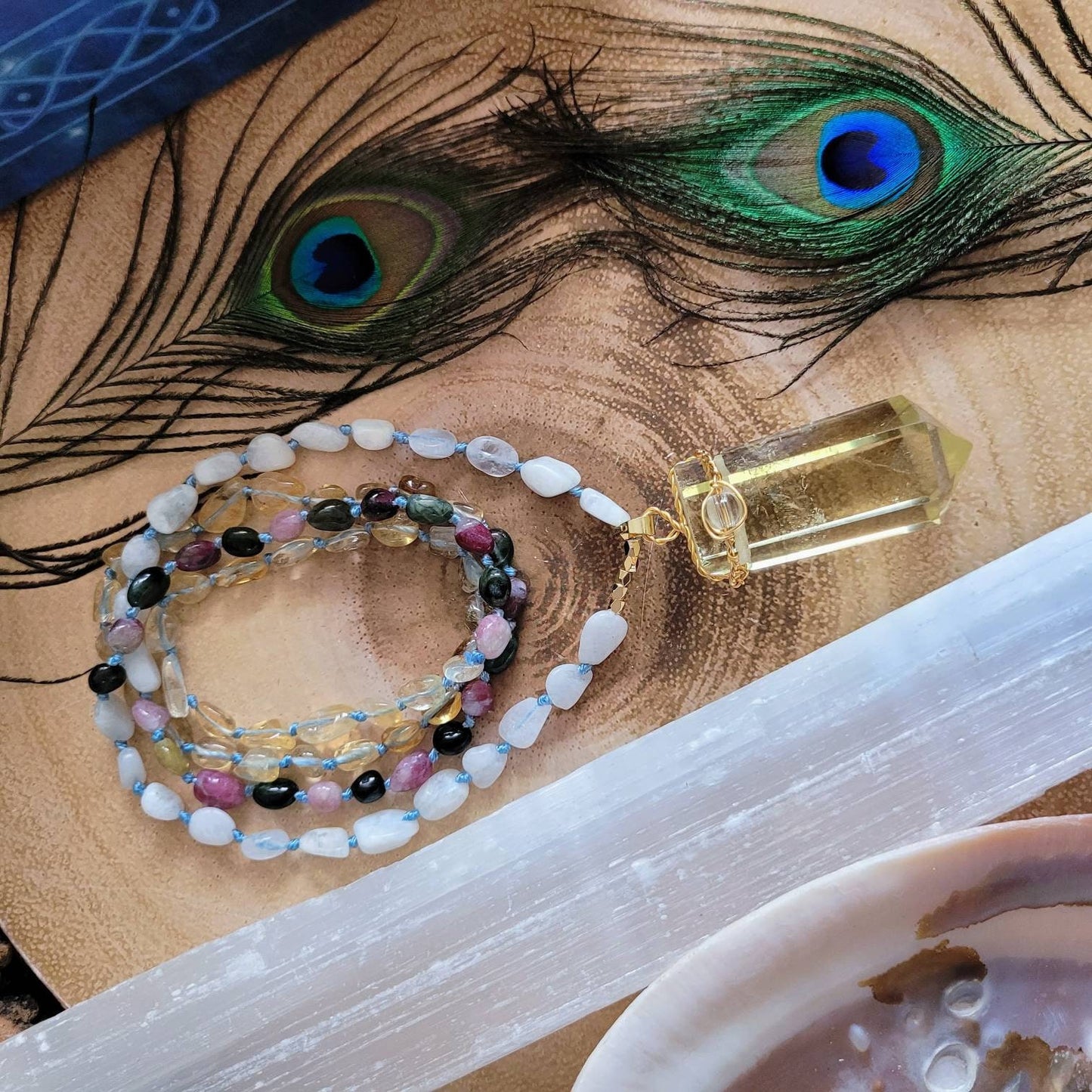 Moonstone citrine and mixed tourmaline mala necklace with citrine point pendant crystal healing natural stone jewellery