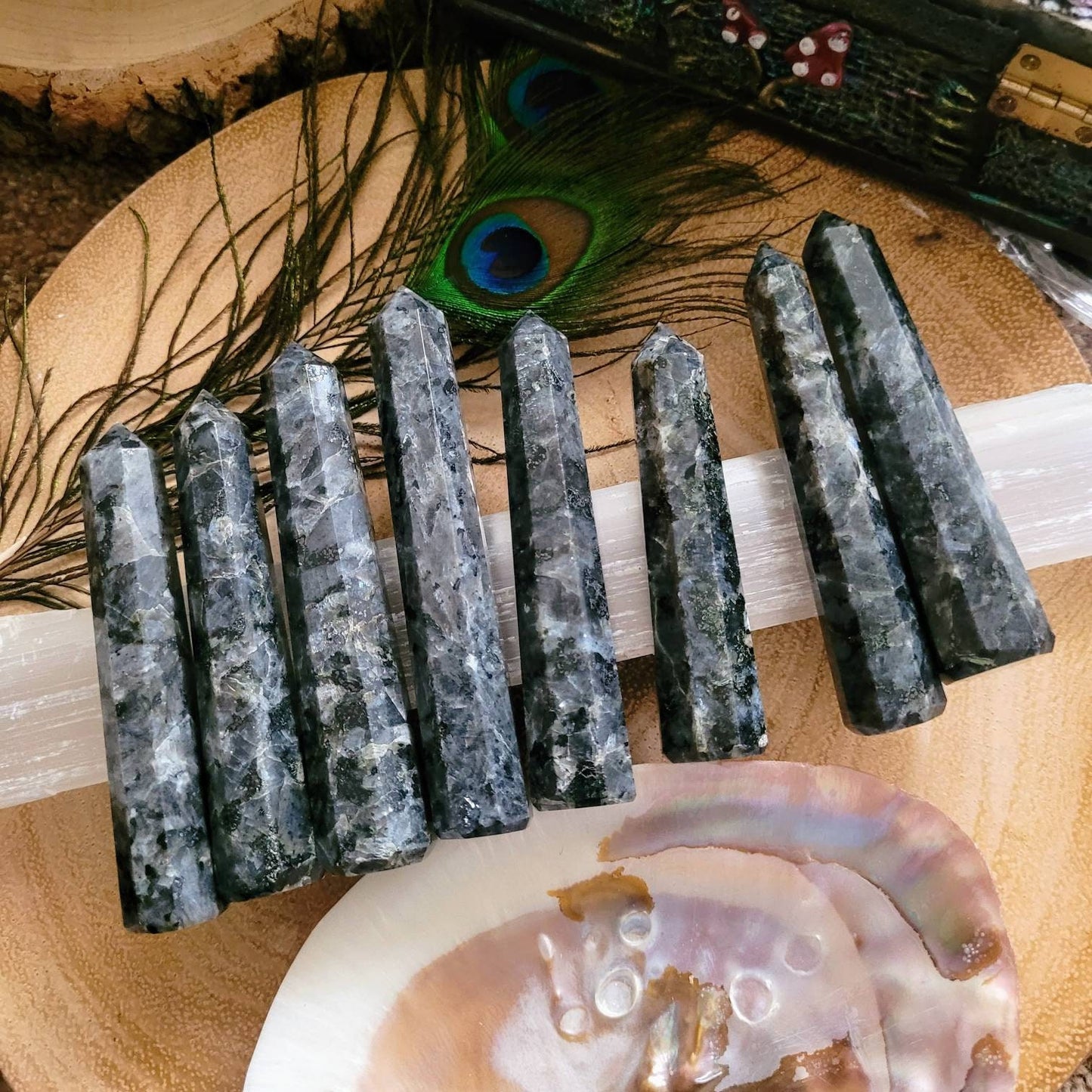 Larvikite black Moonstone tower point crystal healimg witchy home decor gift
