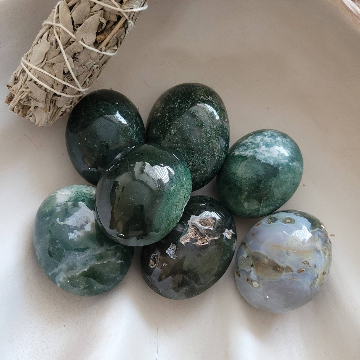 Green Moss Agate palm Stone crystal healing natural stone hone decor gift for him or her