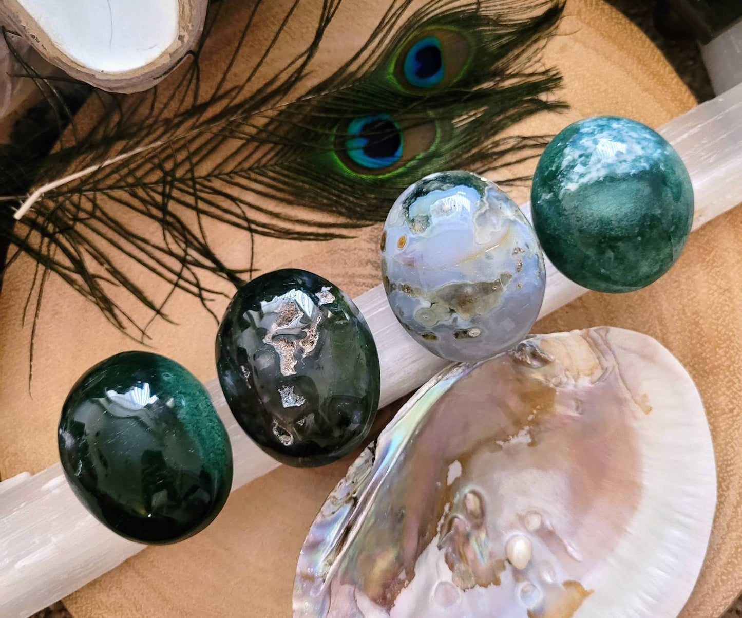 Green Moss Agate palm Stone crystal healing natural stone hone decor gift for him or her
