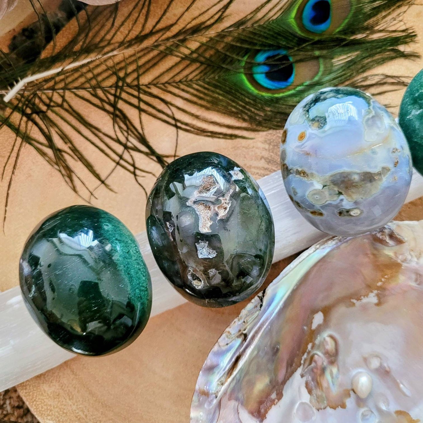 Green Moss Agate palm Stone crystal healing natural stone hone decor gift for him or her