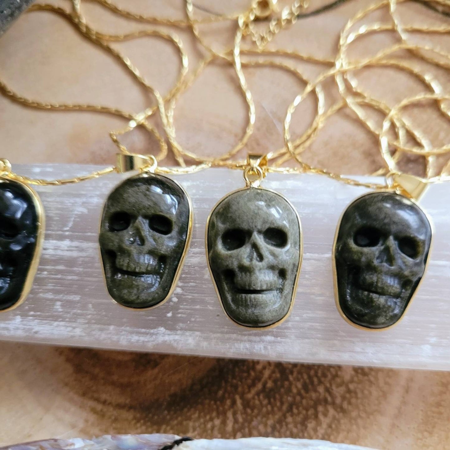 Golden sheen obsidian skull necklace crystal healing natural stone jewellery gothic gift for him or her