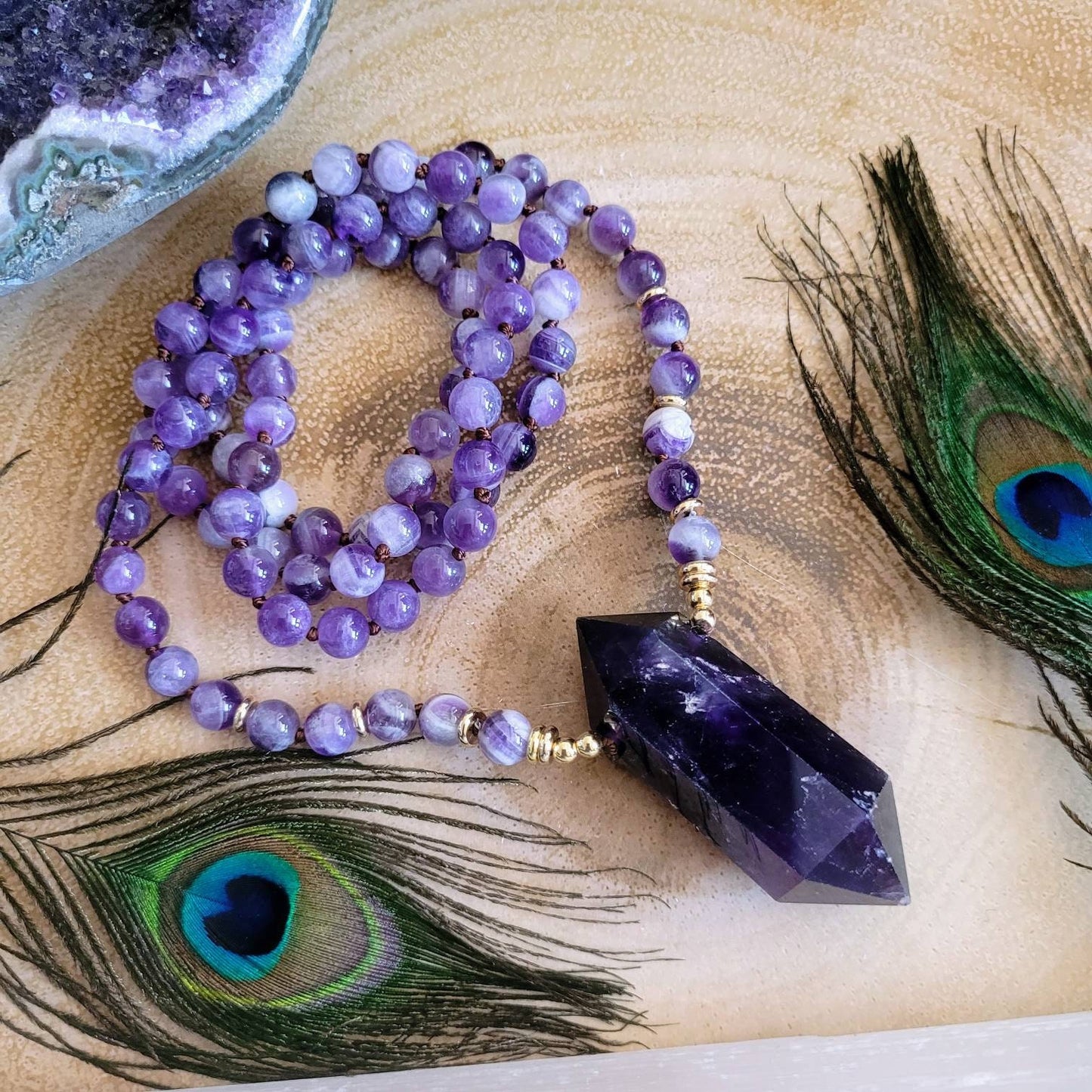 Dream Amethyst necklace knotted with double terminated point natural stone crystal healing Meditation jewellery gift for her or him witchy