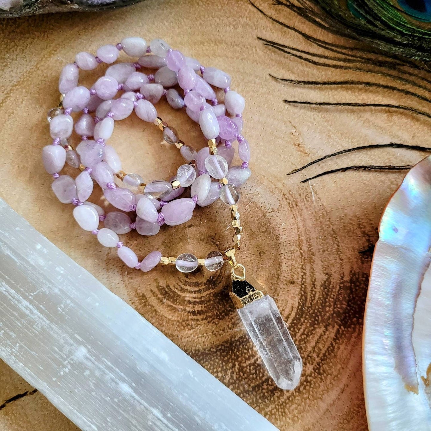 Kunzite necklace knotted with clear quartz point pendant crystal healing natural stone jewellery gift for her