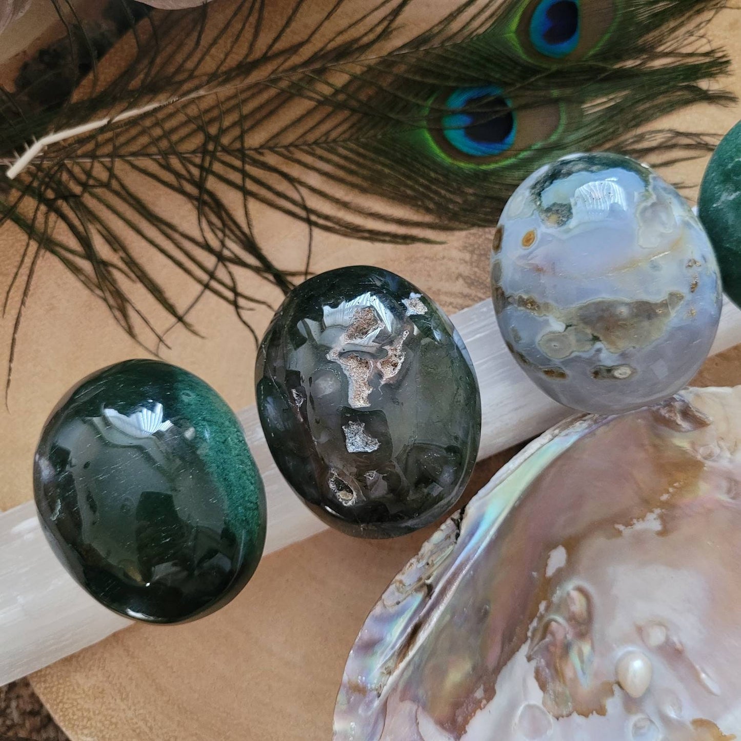 Green Moss Agate palm Stone crystal healing natural stone hone decor gift for him or her