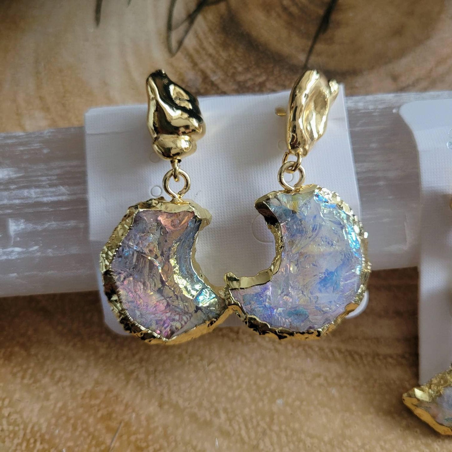 Angel aura quartz earrings quarter crescent moon crystal healing witchy jewellery gift for her gemstone jewelry
