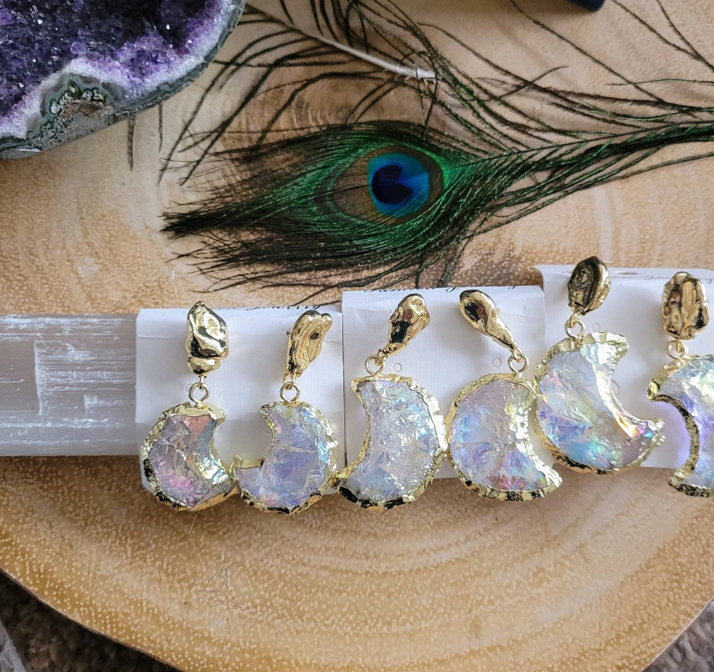 Angel aura quartz earrings quarter crescent moon crystal healing witchy jewellery gift for her gemstone jewelry