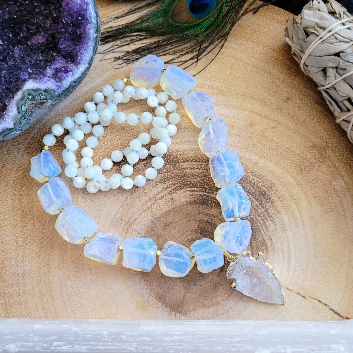 Opalite and pearl necklace with clear quartz arrow head pendant crystal healing witchy jewellery gift for her jewelry for women