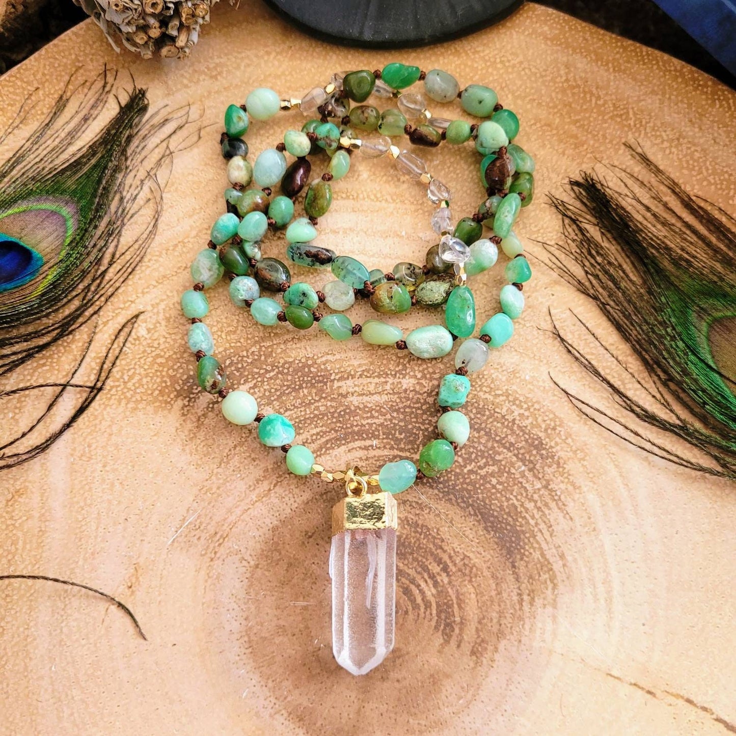 Chrysoprase necklace clear quartz point pendant crystal healing jewellery gift for him or her necklace for women or men witchy jewelry
