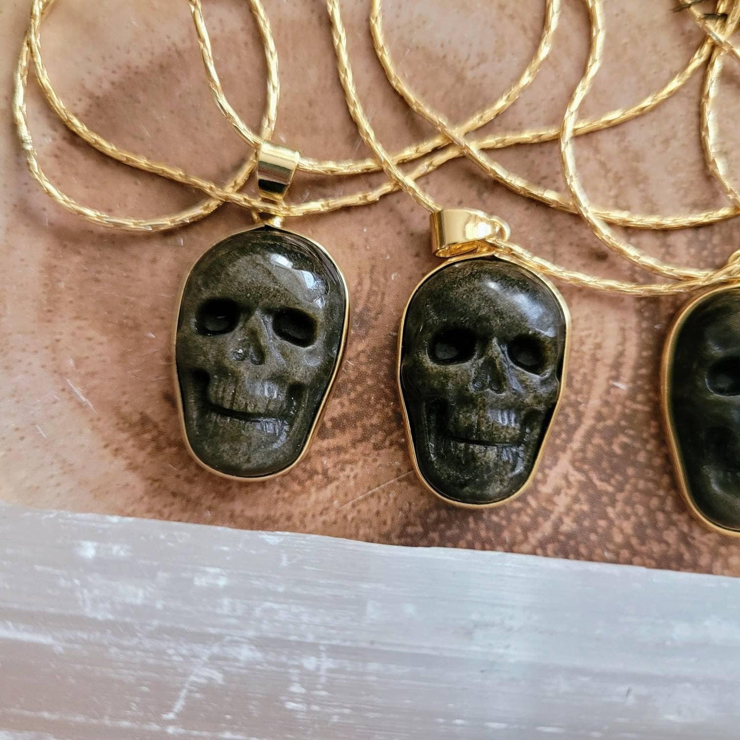 Golden sheen obsidian skull necklace crystal healing natural stone jewellery gothic gift for him or her