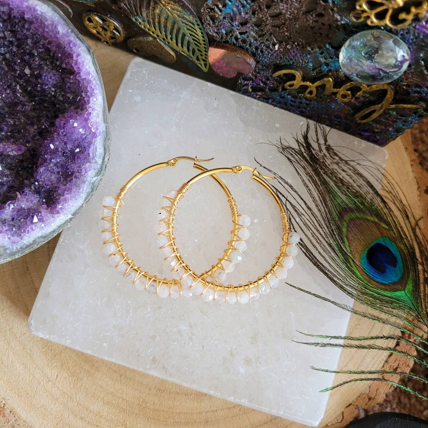 Rainbow Moonstone earrings large hoop crystal healing  jewellery natural stone gemstone jewelry gift for her