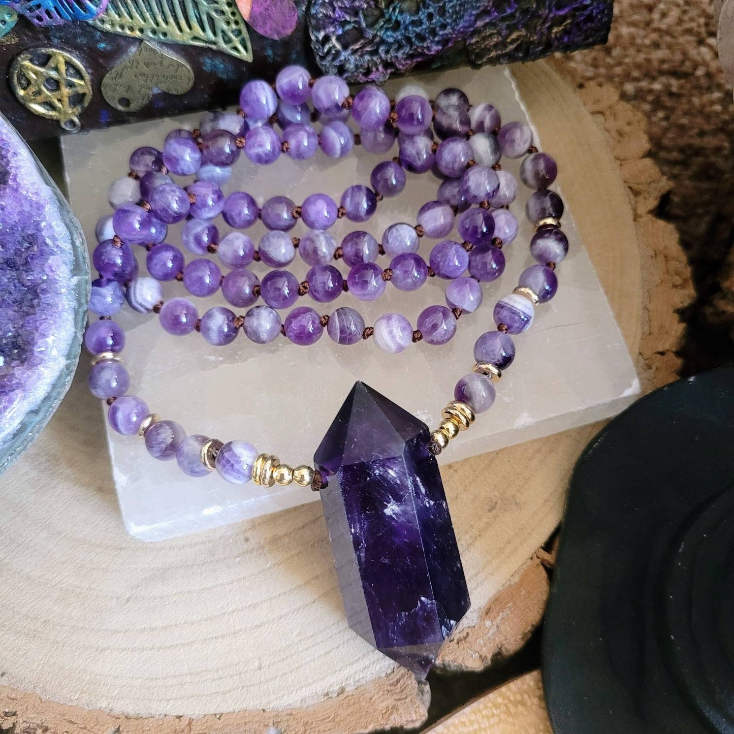 Dream Amethyst necklace knotted with double terminated point natural stone crystal healing Meditation jewellery gift for her or him witchy