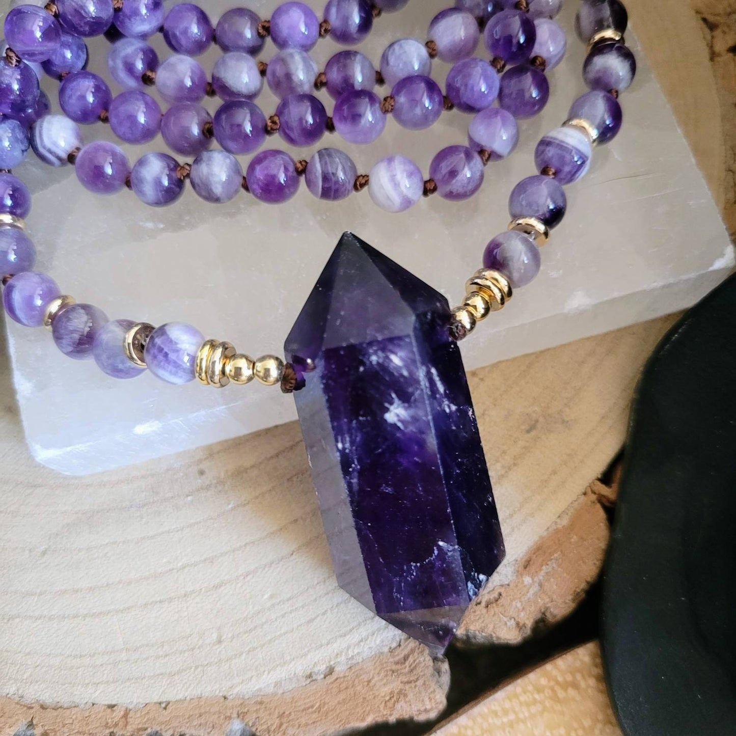 Dream Amethyst necklace knotted with double terminated point natural stone crystal healing Meditation jewellery gift for her or him witchy