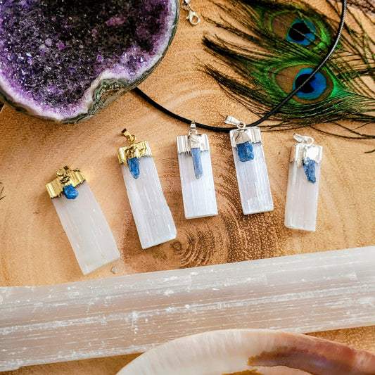 Selenite and Kyanite Pendant necklace for women and men crystal healing gift for him or her witchy jewellery crown chakra jewelry