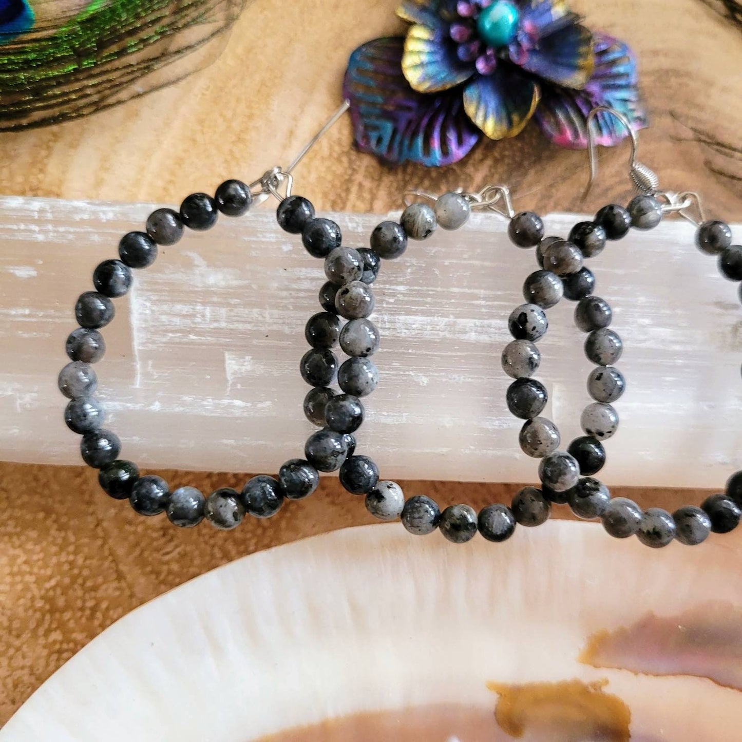 larvikite hoop earrings stainless steel crystal healing jewelry natural Stone jewellery witchy gift for her