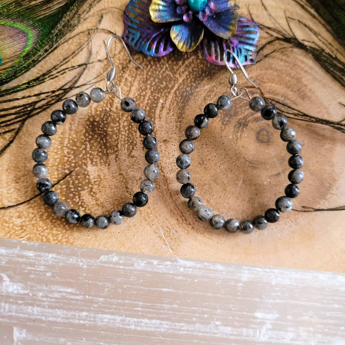 larvikite hoop earrings stainless steel crystal healing jewelry natural Stone jewellery witchy gift for her