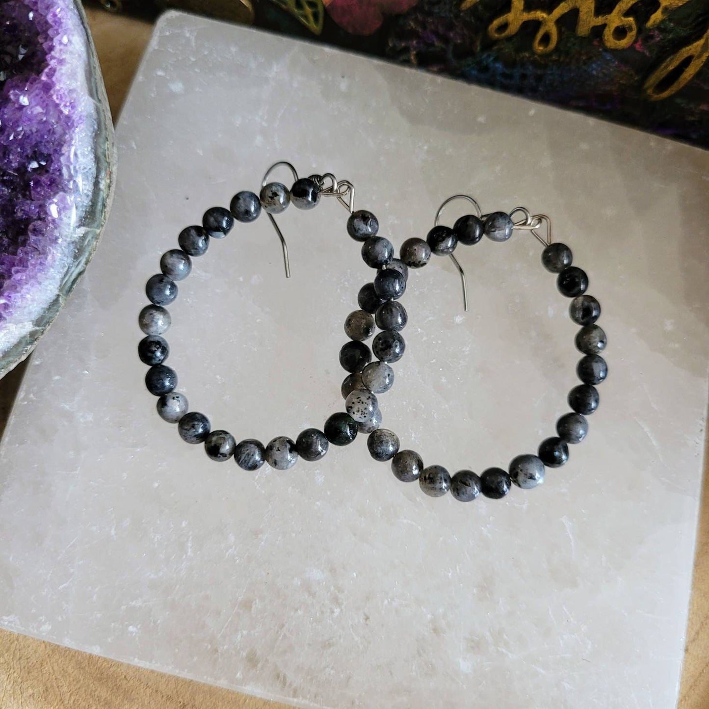larvikite hoop earrings stainless steel crystal healing jewelry natural Stone jewellery witchy gift for her